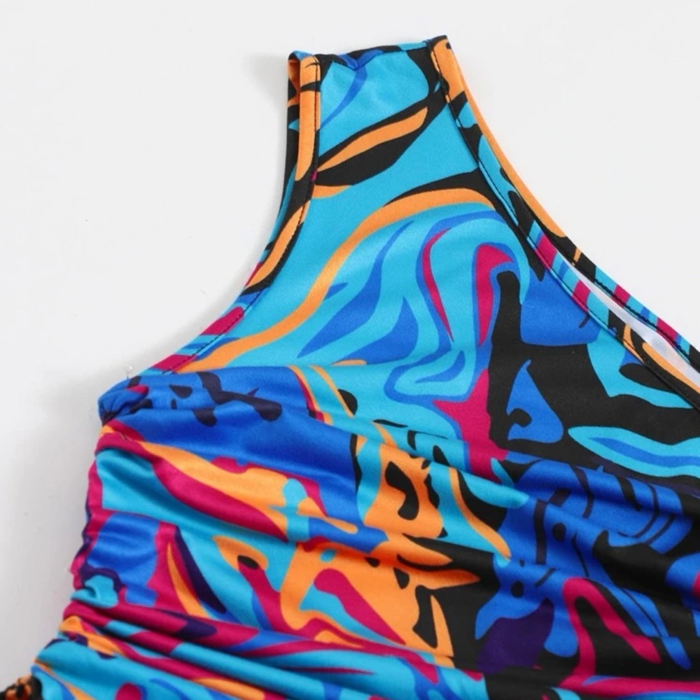 Plus Allover Print One Shoulder Drawstring Side Dress - Picture 2 of 2